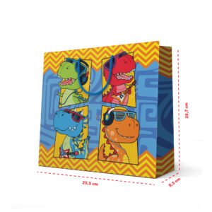 Kit 12 Sacolas Duplex Grande de Papel Dinossauro Rock  25,5 x 28,7 x 8,5 cm