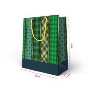 Kit 12 Sacolas Medias Papel Verde Xadrez 24 X 22 x 7,5 cm