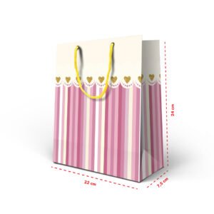 Kit 12 Sacolas Media Papel Listra Rosa 24 X 22 x 7,5 cm