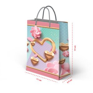 Kit 12 Mini Sacolas de Papel Coração 17 x 11 x 3,9 cm