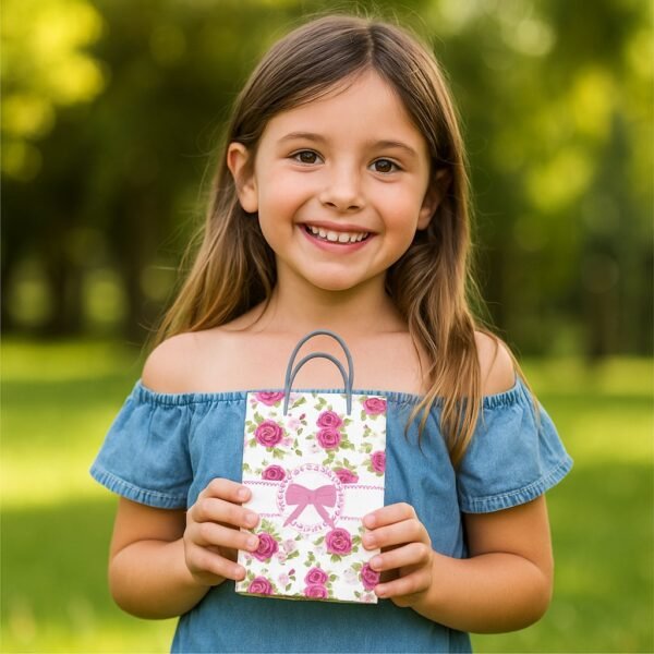 Kit 12 Mini Sacolas de Papel Laço e Rosas 17x11x 3,9 cm - Imagem 2