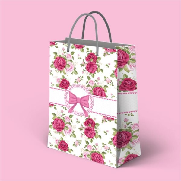 Kit 12 Mini Sacolas de Papel Laço e Rosas 17x11x 3,9 cm - Imagem 4