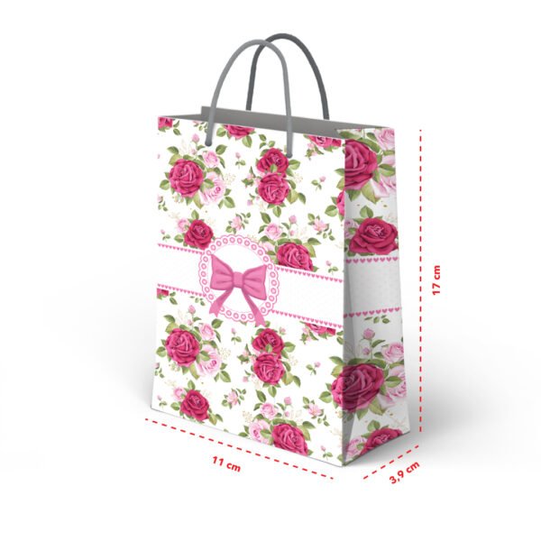 Kit 12 Mini Sacolas de Papel Laço e Rosas 17x11x 3,9 cm
